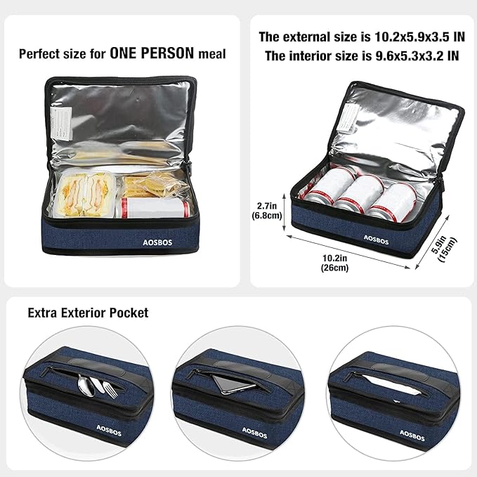 Aosbos Small Lunch Bag, Blue, Unisex, Portable Mini Cooler, Insulated Thermal Bag for Men and Women