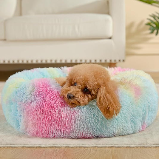 Dog Bed Calming Dog Beds for Small Medium Large Dogs - Round Donut Washable Puppy Dog Bed, Anti-Slip Faux Fur Fluffy Donut Cuddle Anxiety Cat Pet Bed(24'' Color)