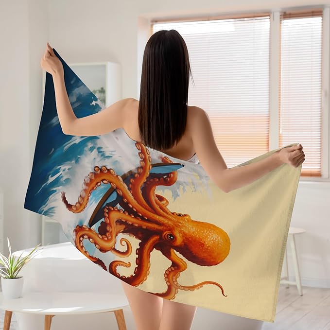WZOMT Microfiber Octopus Beach Towel, Funny Octopus Surfing Ocean Animal Print Bath Towel for Kids Adults, Orange Blue Quick Dry Sandproof Towels for Swim/Travel/Pool, Oversized 32x52 Inch