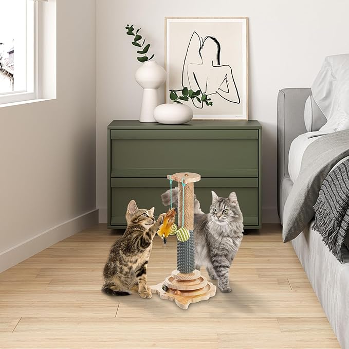 TONY HOBY Cat Scratching Post, Sisal Scratching Poles with 2 Hanging Balls, Cat Interactive Toy with Tickle Stick for Small Medium Cat (18 in, Beige)