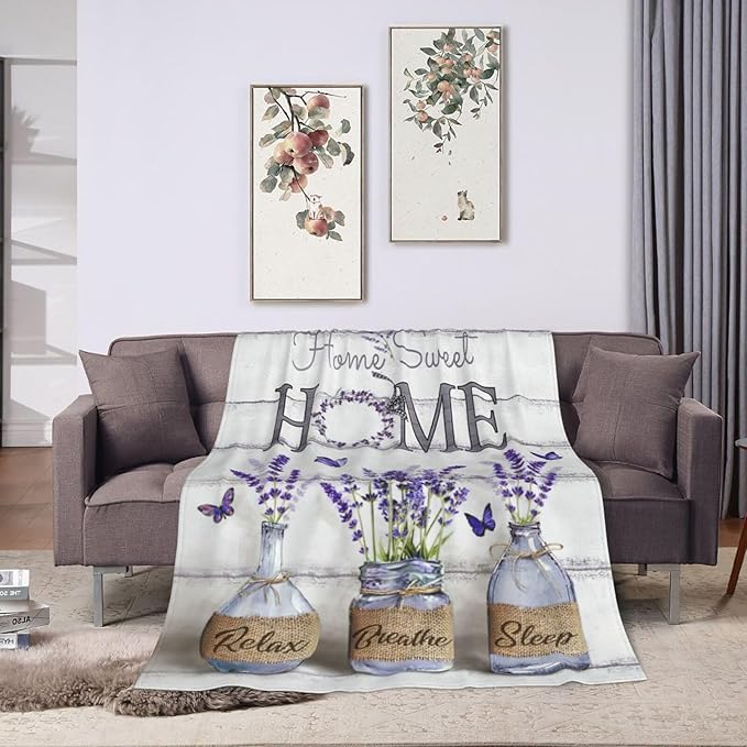 Farmhouse Floral Blanket for Women Girls Ultra Soft Cozy Lavender Flower Throw Blanket Fleece Fuzzy Plush Bedding Blanket Purple Flower Gifts for Women Girls Kids Adults Couch Sofa 80"x60"