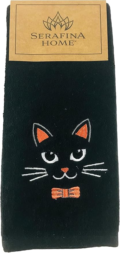 Halloween Bathroom Hand Towels – 16” x 25” Black Cotton Embroidered Cat Design- Spooky Gothic Bath Kitchen Décor, Set of 2