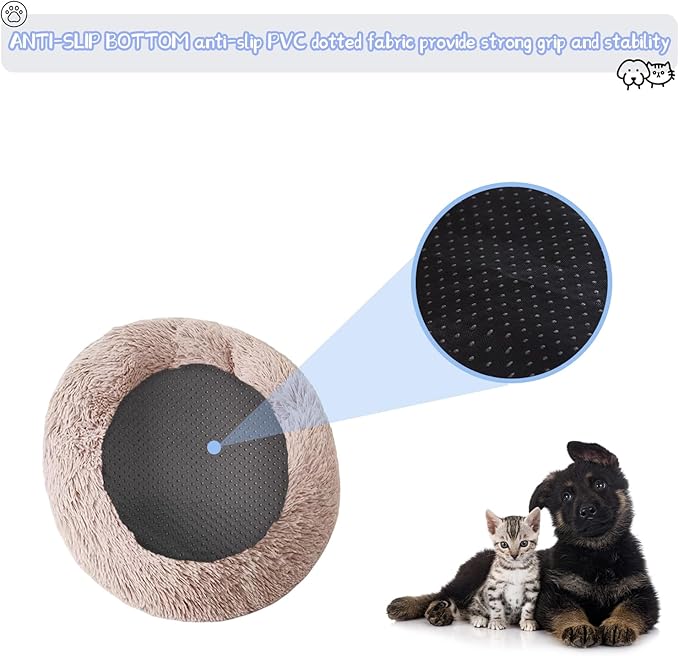 Dog Bed for Indoor, Faux Fur Calming Dog & Cat Bed 24' Anti-Anxiety Donut Soft Plush Cushion for Small Medium Dogs & Cats with Slip-Resistant Bottom(Khaki)