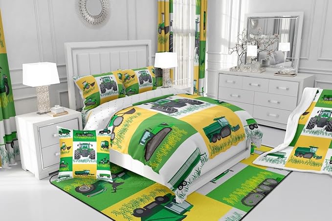 Boys Cartoon Truck Car Down Comforter King Size Kids Construction Vehicles Tractor Comforter Set for Kids Children Farm Excavator Bedding Set Construction Site Cars Duvet Set, Green Yellow