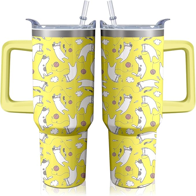 40oz Cute Cat Tumbler with Handle and Straw, Stainless Steel Insulated Cup with Lid, Travel Coffee Mug Water Bottle, Birthday Mothers Day Gifts for Women Men Animal Lovers