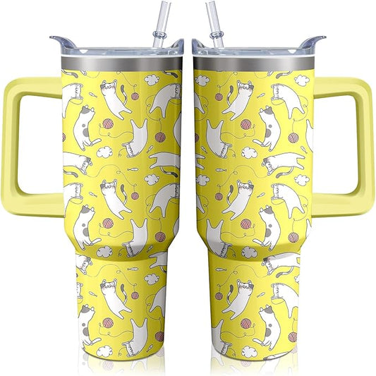 40oz Cute Cat Tumbler with Handle and Straw, Stainless Steel Insulated Cup with Lid, Travel Coffee Mug Water Bottle, Birthday Mothers Day Gifts for Women Men Animal Lovers