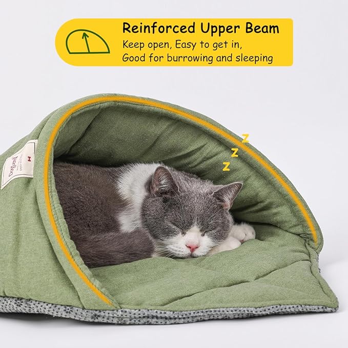 Cat Sleeping Bag,Linen Fabric Cat Bed Cave Leaf Nest Pet Cuddle Zone Covered Hide Hood Burrowing Cozy Soft Durable Washable with Non-Slip Bottom for Indoor Puppy and Kitten (Green with Support)
