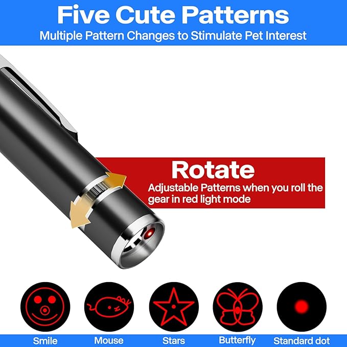 2 Pack Cat Toys, Cat Toy Red Pointer for Indoor, Rechargeable, 5 Adjustable Patterns, 3 Modes Training Chaser Pet Toy Pointer, Interactive Pet Cat/Dog Toy for Cats Fun Playing Exercise(Black)