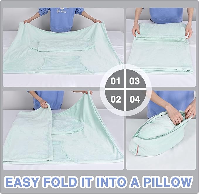 Solaris Travel Wearable Blanket with Sleeves, 2 in 1 Packable Airplane Pillow Blanket for Adult Women Men, Soft Cozy Warm Snuggy Body Blanket for Outdoor Indoor Home Lounge, Aqua