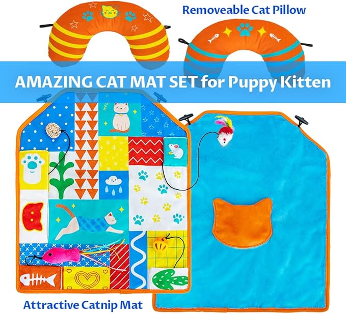2-in-1 Cat Mat with Cat Pillow for Small Medium Large Cats,Cute Cat Catnip Toys,Soft Plush Crinkle Mat for Kitten Sleeping Snuffing Playing,Machine Washable Cat Play Mat Pet Cushion Pad Mat Cat Gifts
