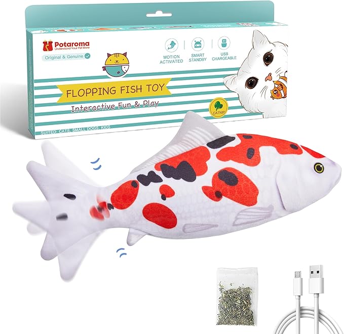 Potaroma Floppy Fish Cat Toy, Interactive Moving Flopping Fish Toy, Catnip & Silvervine Enrichment, Kitten Kicker Exercise Toys for Indoor or Outdoor, Koi for All Breeds