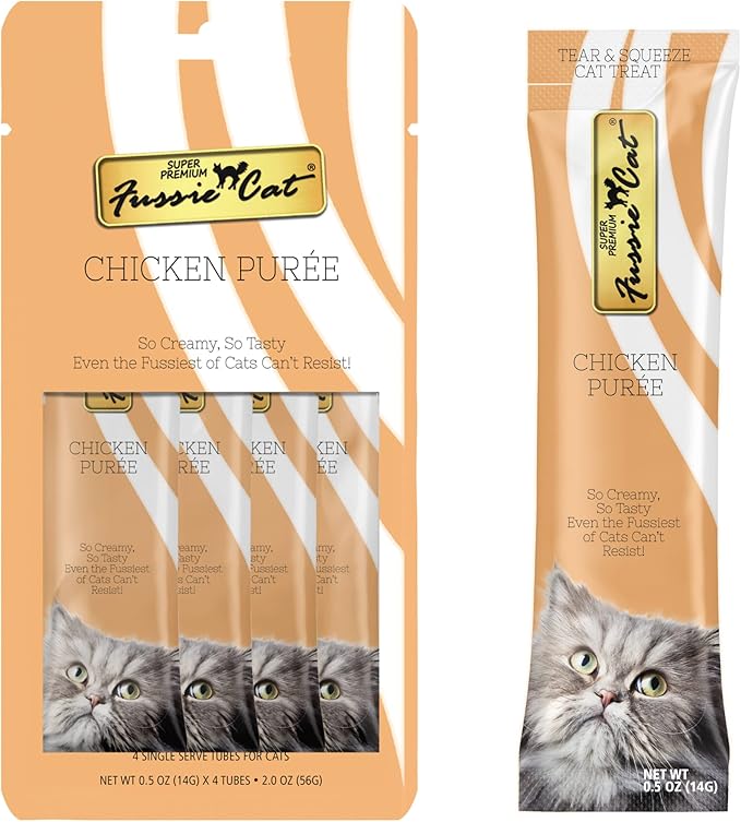 Fussie Cat Chicken Puree, lickable cat treats, 0.5oz pouch 4 Count (Pack of 1)