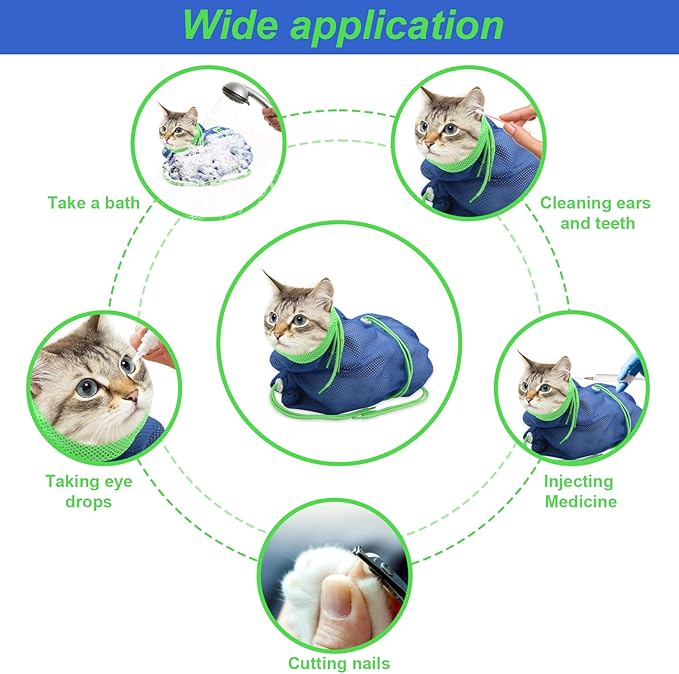 Cat Bathing Bag, Breathable Mesh Cat Shower Bag Anti Scratch Adjustable Cat Grooming Bag for Nail Trimming, Bathing Polyester Soft Cat Washing Bag (Blue-Green)