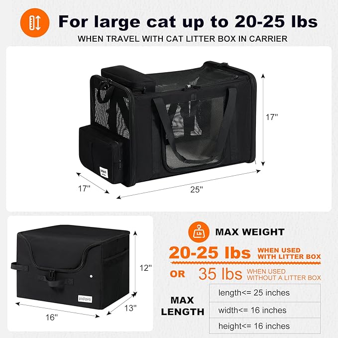 25''(L) x 17''(W) x 17''(H) Extra-Large Expandable cat Carrier for car Travel,with a Leakproof Portable Tall-Side Litter Box and Foldable Food Bowl(Black)