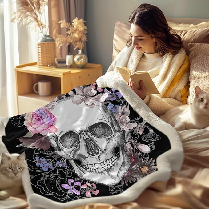 Sleepwish Fleece Throw Blanket Skull Rose Sherpa Blanket Gift for Women Girl Fuzzy Black Pink Flower Blanket for Couch Chair, Baby (30" x 40")