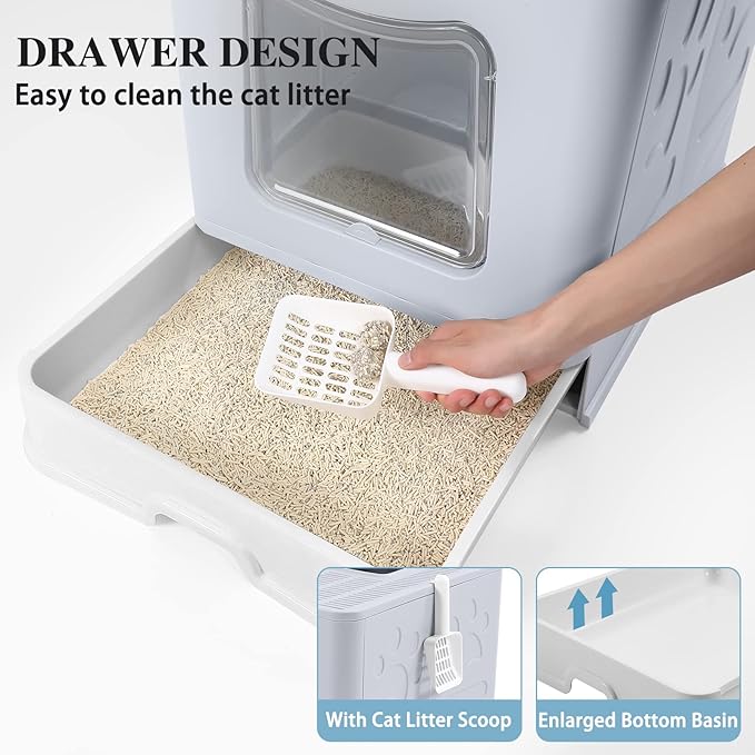 Bolux Foldable Cat Litter Box with Lid, Extra Large Litter Box with Cat Litter Scoop, Drawer Type Cat Litter Pan Easy to Scoop & Low Tracking (Grey XL)