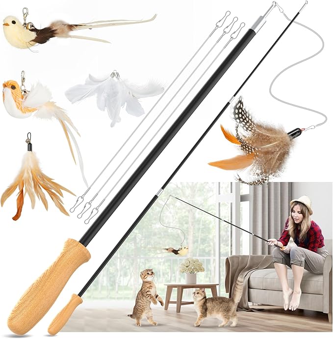 ROSAUI Cat Teaser Wand Toys, Interactive Bird Toys for Indoor Kittens, 43’’ Long cat Fishing Pole Toys, 2pcs Wires and 5pcs Natural Refills, Sustainable Wooden Handles, Exercising, Playing
