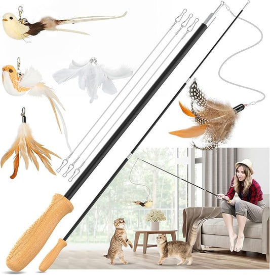 ROSAUI Cat Teaser Wand Toys, Interactive Bird Toys for Indoor Kittens, 43’’ Long cat Fishing Pole Toys, 2pcs Wires and 5pcs Natural Refills, Sustainable Wooden Handles, Exercising, Playing