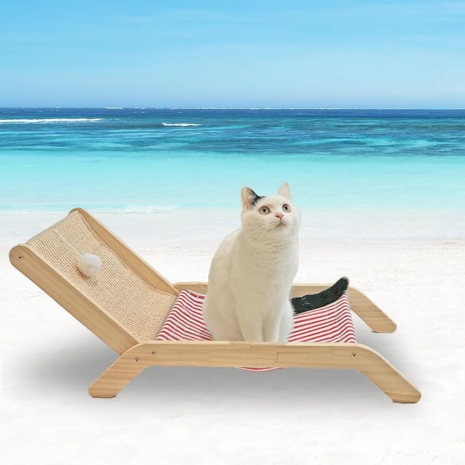 Beach Chair Cat Hammock, Cat Furniture, Original Cozy Cat Lounger with Sisal Scratcher and Toy Ball, Elevated Cat Beds for Indoor Cats (Red)