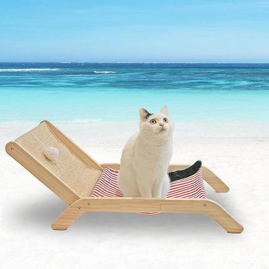 Beach Chair Cat Hammock, Cat Furniture, Original Cozy Cat Lounger with Sisal Scratcher and Toy Ball, Elevated Cat Beds for Indoor Cats (Red)