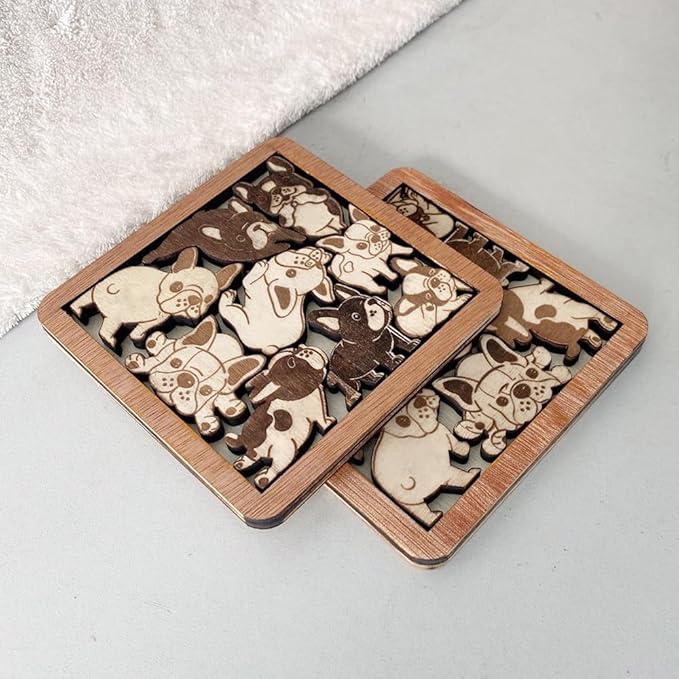 02 French Bulldog Dog Puzzle Wooden Coaster Set - Interlocking Jigsaw Drink Mats with Laser-Cut Design for Pet Lovers (02 French Bulldog Coasters)