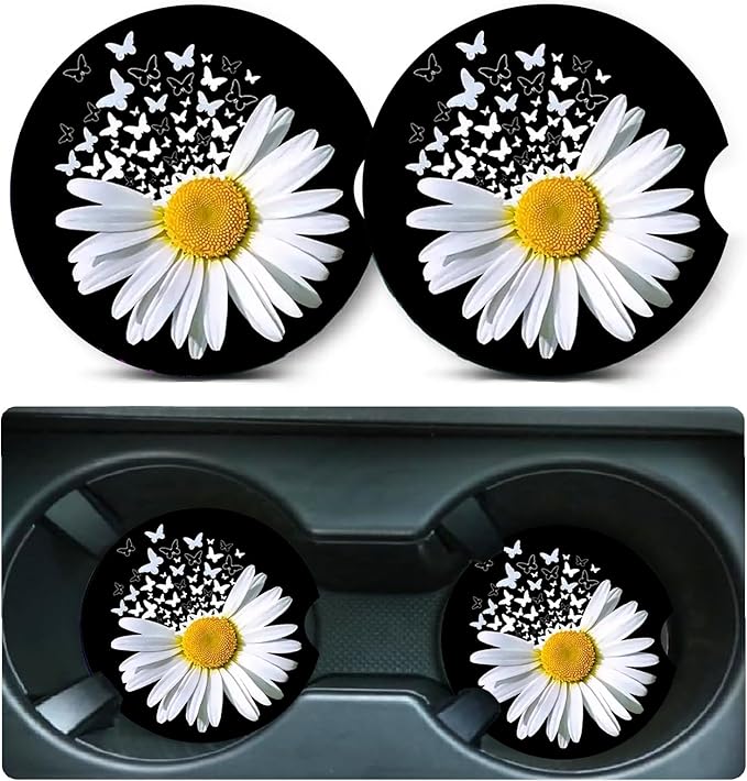 Car Coasters for Cup Holders,2 Pack White Daisy Butterfly Car Cup Holder Coasters,2.75" Universal Size Anti Slip Rubber Mat,Automotive Cup Holder Decal Decor Accessories,Daisy Gifts for Women,Men