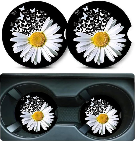 Car Coasters for Cup Holders,2 Pack White Daisy Butterfly Car Cup Holder Coasters,2.75" Universal Size Anti Slip Rubber Mat,Automotive Cup Holder Decal Decor Accessories,Daisy Gifts for Women,Men