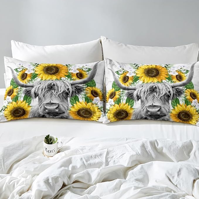 Highland Cow Comforter Set King Sunflowers Art Down Comforter Rustic Bull Cattle Bedding Set for Kids Boys Girls Adult Farmhouse Western Funny Animal Wild Theme Duvet Set Grey Marble Comforter