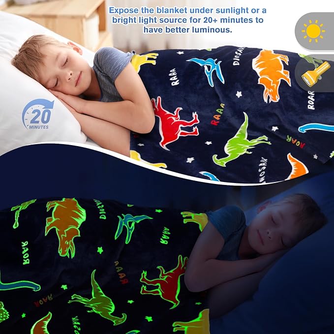 Dinosaur Gifts Toys for Boys Girls - Glow in The Dark Dino Blanket Best Christmas Birthday Valentines Easter Presents for Kids Age 1 2 3 4 5 6 7 8 9 10 Year Old Child Teen Toddler Soft Throw 50"x60"