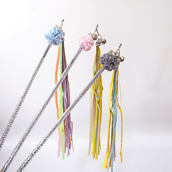 Cat Wands, 3 PCS Interactive Cat Toys with Rainbow Tassel Handcrafted Cat Tinsel Wand for Indoor Cats Kitten Play Chase Exercise
