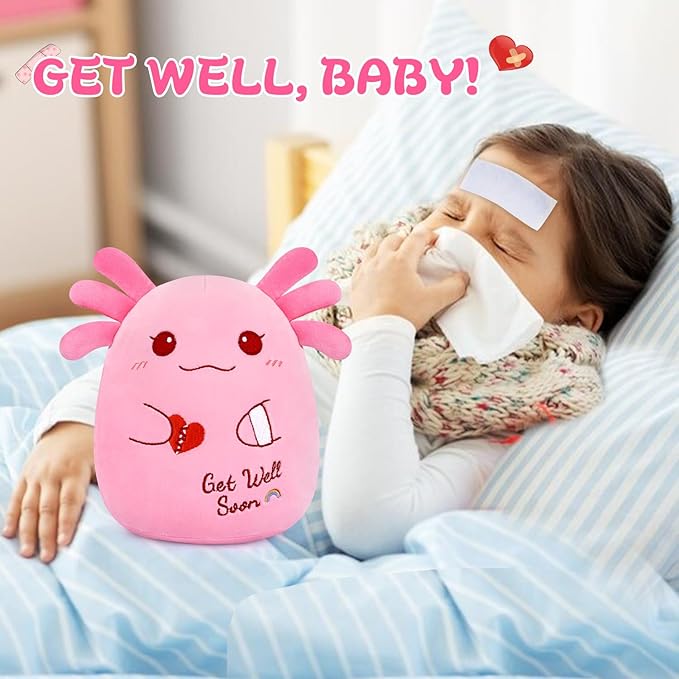 Get Well Soon Axolotl Plush Toy, Pink Axolotl Get Well Soon Gift for Kids Women,Soft Stuffed Animal Cute Pink Huggable Pillow Kawaii Plushies Gift for Girls Boys