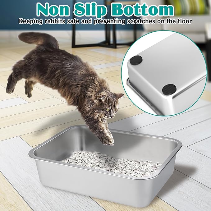 BNOSDM Stainless Steel Litter Box 2 Pack Medium Metal Cat Litter Boxes Odor Control Non Stick Pet Toilet Pan with Non-Slip Feet Mats and Litter Scoop for Cats Kittens Rabbits (17.7x13.8x6 Inches)