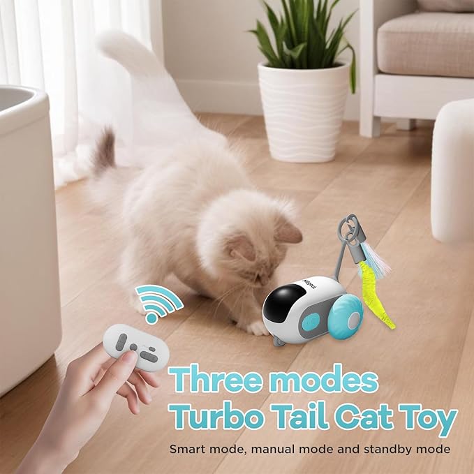 Turbo Tail 3.0, Teazys Cat Toy Turbo Tail, Smart Remote Control Electric Interactive Cats Toy, Type-C Rechargeable Turbo Tail Mouse Cat Toy with Feathers (1pc Blue)