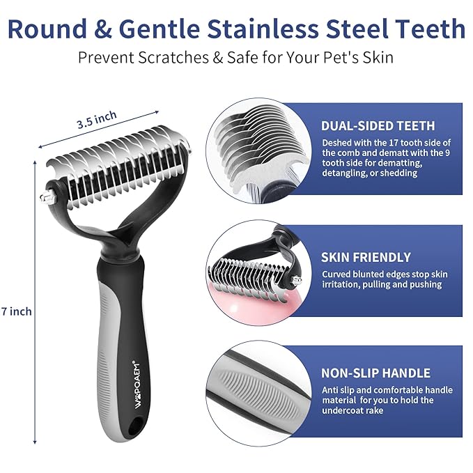 5 in 1 Dog Grooming Kit - Self-Cleaning Slicker Brush for Shedding Short Long Haired Dogs & Cats, Includes Pet Comb, Flea Comb, Bath Brush, Undercoat Rake - Complete Fur Care Set - Gray