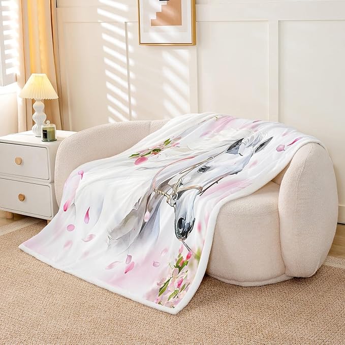 Feelyou White Horse Throw Blanket Girls Pink Floral Farmhorse Fleece Blanket Kids Adults Wild Animal Design Sherpa Blanket for Bed Sofa Chair Bedroom Decor Wildlife Plush BlanketQueen 90"x90"