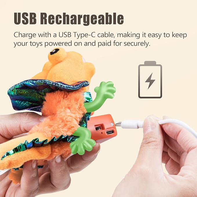 Migipaws Cat Toys, Touch Activated Flapping Chirping Lizard Kitten Toy with Catnip for Indoor Cats Kicker, Rechargeable （Orange）