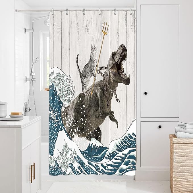 Boziqr Funny Cat Shower Stall Curtain, Cool Cat Dinosaur Japanese Ocean Wave Decor Fabric Bathroom Curtains, Kids Children Rustic Wooden Farmhouse Shower Curtain, 36 X 70 Inches