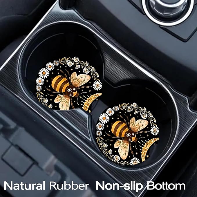 Car Coasters for Cup Holders,2 Pack Bee Car Cup Holder Coasters,2.75" Universal Size Anti Slip Rubber Mat,Automotive Cup Holder Decal Decor Accessories,Bee Gifts for Women,Men,Mom