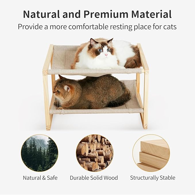 Cat Hammock, Dog Bed, Cat Beds for Indoor Cats, Pine Wood Double Cat Bed, 2 Tier Elevated Cat Bed with Breathable & Washable Covers, 20 x 16.5 x 13 Inch