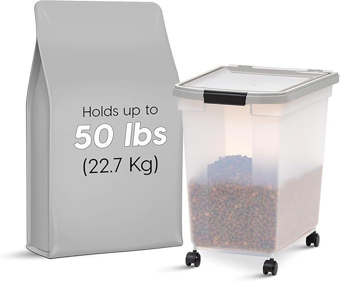 IRIS USA 50 Lbs WeatherPro Airtight Pet Food Storage Container with Removable Casters, for Dog Cat Bird and Other Pet Food Storage Bin, Keep Fresh, Clear/Gray