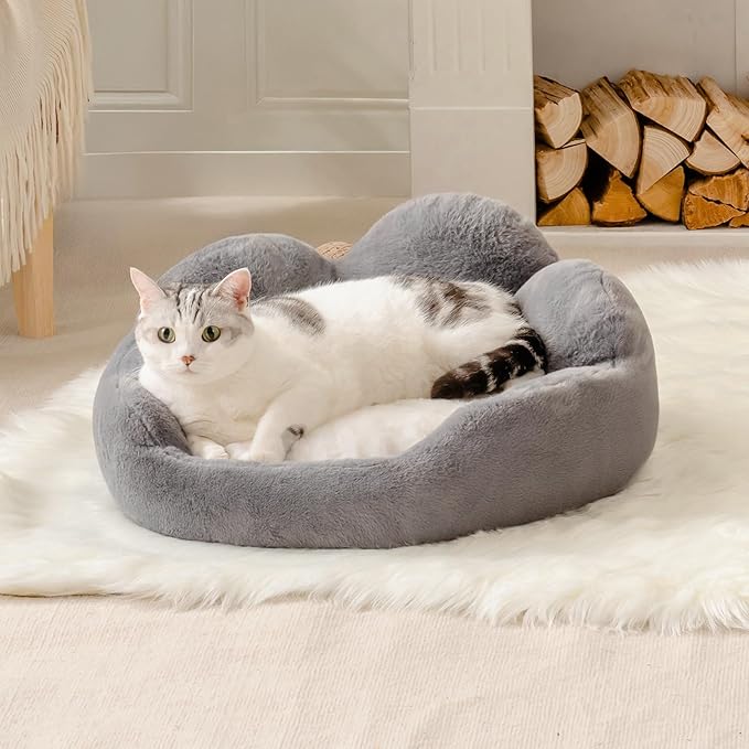 MEWOOFUN Cat Bed Kitten Bed, Washable Cat Bed for Indoor Cats Cute Cat Couch, Fluffy Flower Cat Sofa Bed, Pet Bed with Non-Slip Bottom, Small Dog Bed for Puppy and Kitten(Grey, 23")