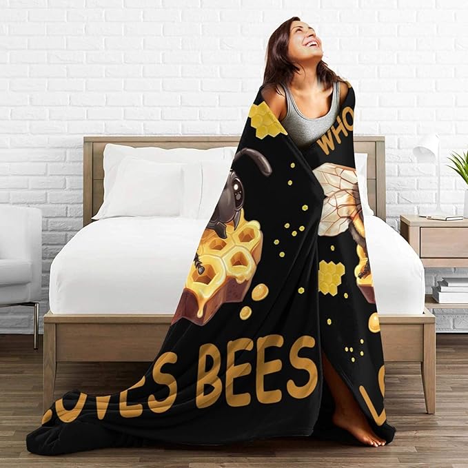 Bees Throw Blanket - Just A Girl Who Loves Bees Decor Stuff Merch Cozy Print Flannel Fleece Soft Plush Fuzzy Warm Lightweight Bedding Gifts for Women Men Kids 50"X40"