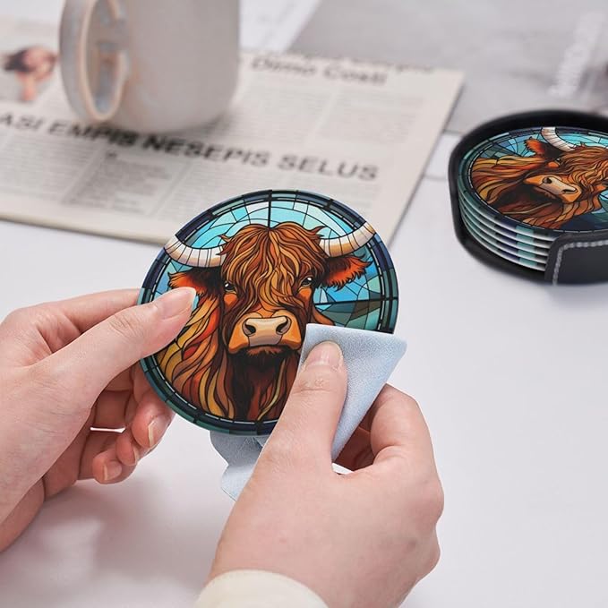 Highland Cow Drink Coaster Set of 6, Highland Cow Decor Gifts, Leather Drink Coasters with Holder, 6 Pack Cup/Bar/Drink Coasters for Table/Drinks/Coffee Protection Housewarming Gift