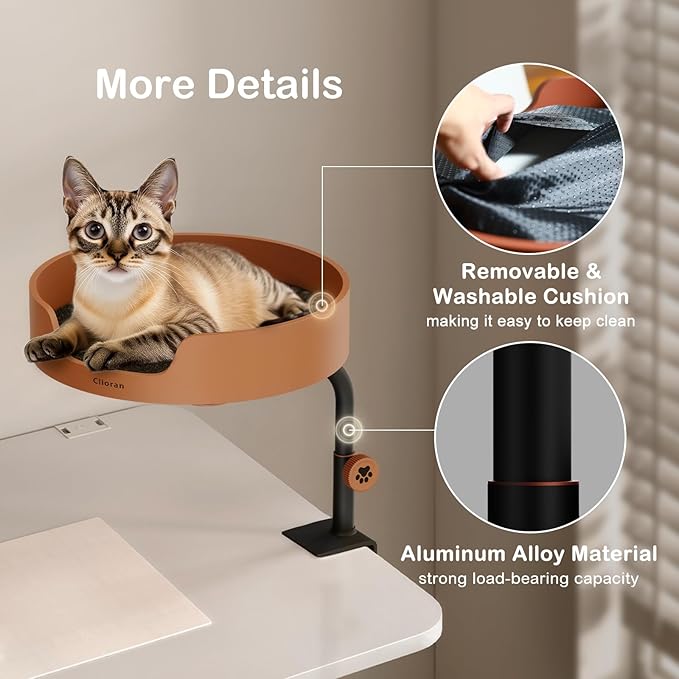 Cat Bed Desk Nest with Teaser,Easy Installation Shelf,Sturdy Frame,Removable Cushioned Cushion, Space Saving Design,Ideal for Side Table,Home Office,Fits Cats