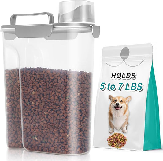 TBMax Dog Cat Food Storage Container 5 to 7 lbs, Airtight Pet Food Dispenser with Easy-Pouring Spout & Measuring Cup, Portable Kibble Container for Travel Dog Food Storage