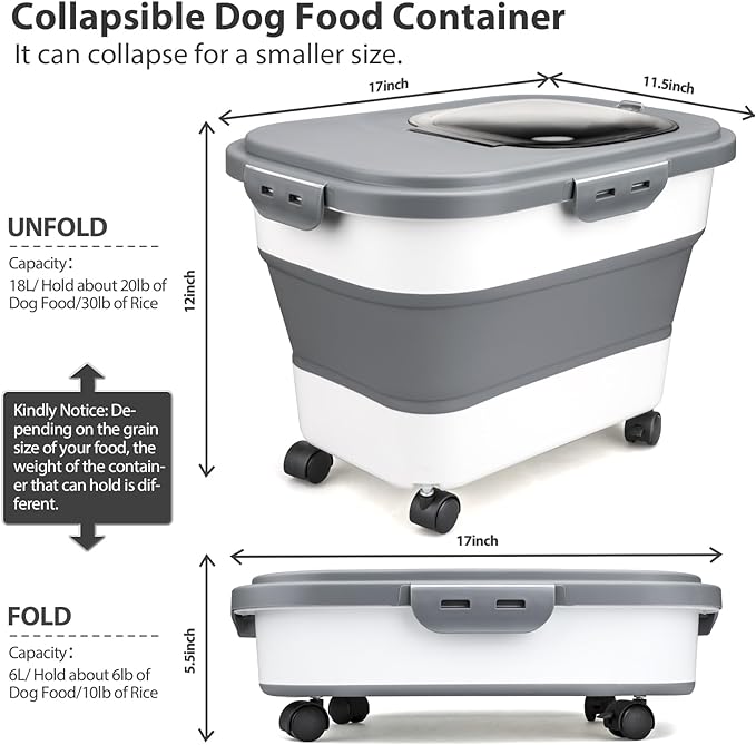 Dog Food Storage Container, 5-20Lbs Collapsible Pet Food Storage Containers with Rolling Wheel Airtight Locking Lid, Dry Food Storage Bin with Cup and Scoop,Suitable for Pet Food, Rice, Flour