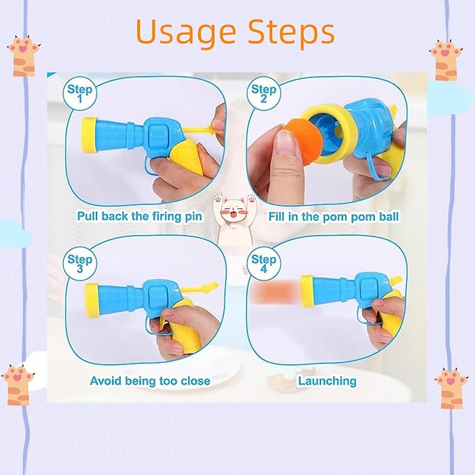 Cat Ball Launcher Toy, 50PCS 1.2Inch Cat Pompom Ball and 2 Cat Ball Toy Launcher, Soft Interactive Cat Balls, Active Cat Exercise Toys for Indoor Cats-Multi-Colored