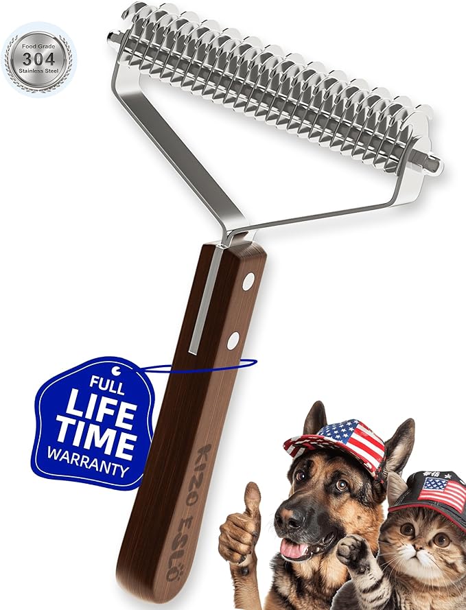 Extra Large 2-Sided Undercoat Rake for Dogs & Cats, Dog Brush for Shedding Remove Mats, Dematting Comb, Safe&Gentle Grooming Brush for German Shepherds Medium to Long-Haired Pets,Premium Wooden Handle