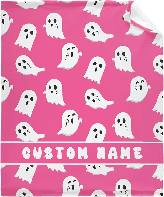 Cute Little Funny Ghost Custom Blanket Pink Ghost Spooky Personalized Throw Blankets Gifts for Girl Boy Flannel Fleece Halloween Customized Throw Blankets for Teens With Name Chair Sofa 60x50In