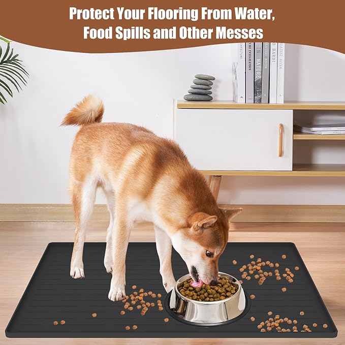 Dog Food Mat, Silicone Dog and Cat Mat for Food and Water Bowls, Waterproof Raised Edge Pet Feeding Mat for Contain Spills Protects Floors, Multiple Colors & Sizes for Pets (18"x12", Deep Green)